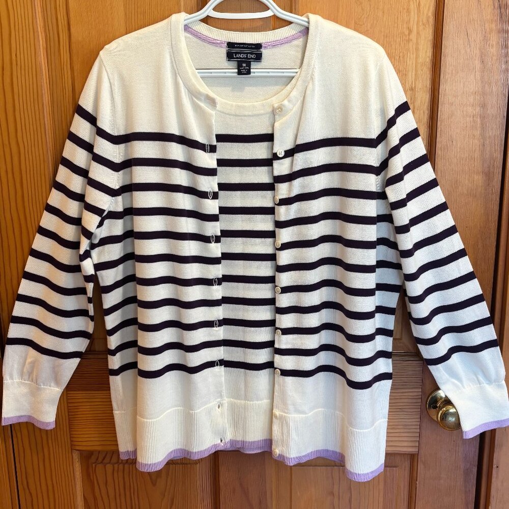 Lands' End Women's 100% Supima Cotton Striped Purple Top & Cardigan Set NWOT